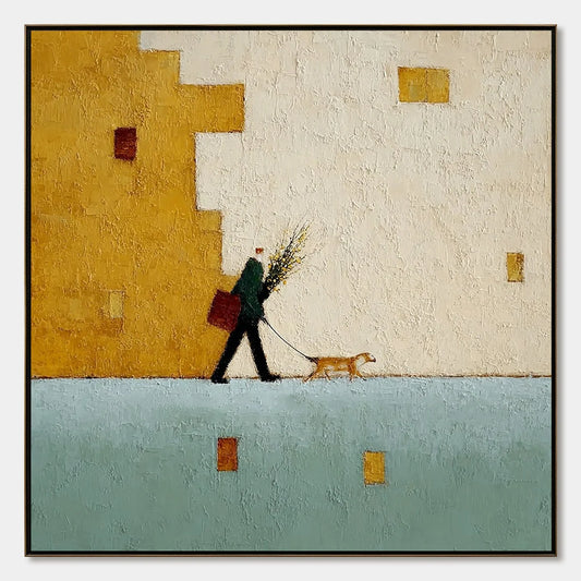 URBAN STROLL: Textured Minimalist Cityscape Painting of a Person Walking a Dog | hanging in living room, Minimalist wall art