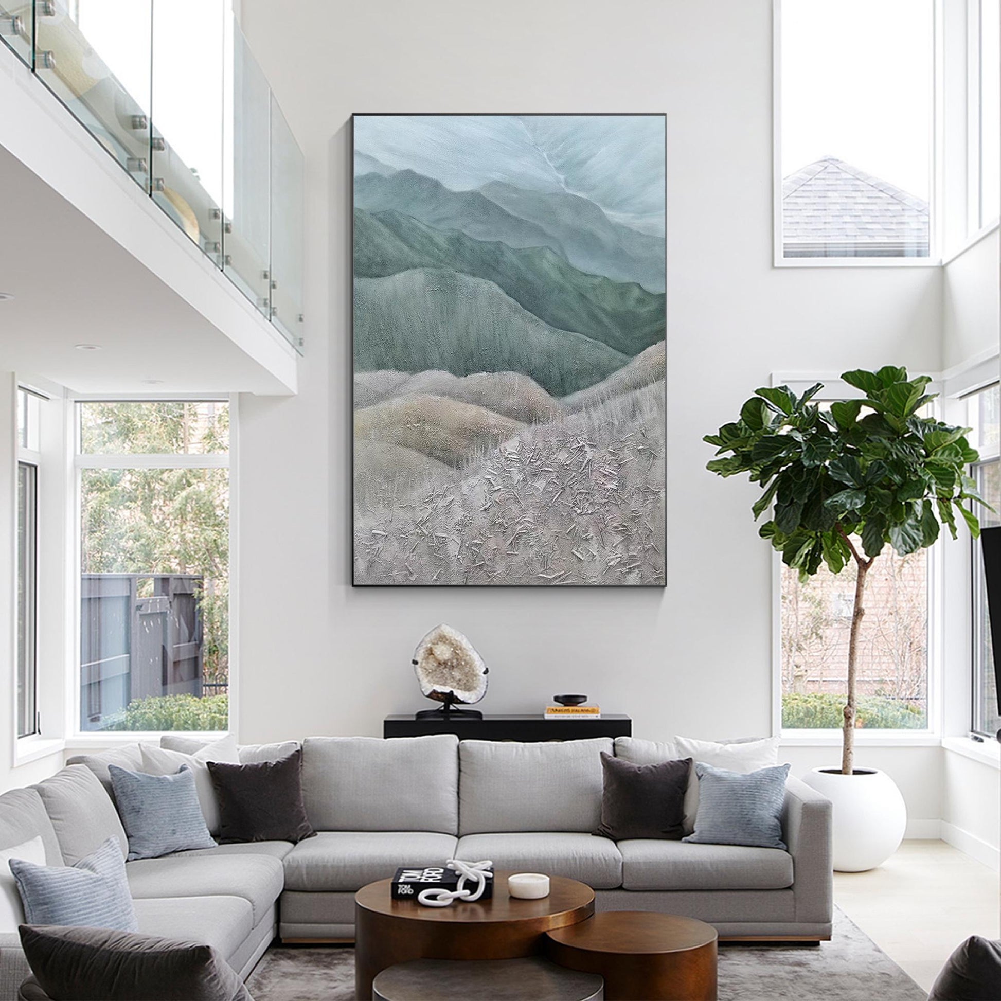 Textured Mountain Landscape Painting: Gray Green Hills, Large Vertical Canvas Ar #3
