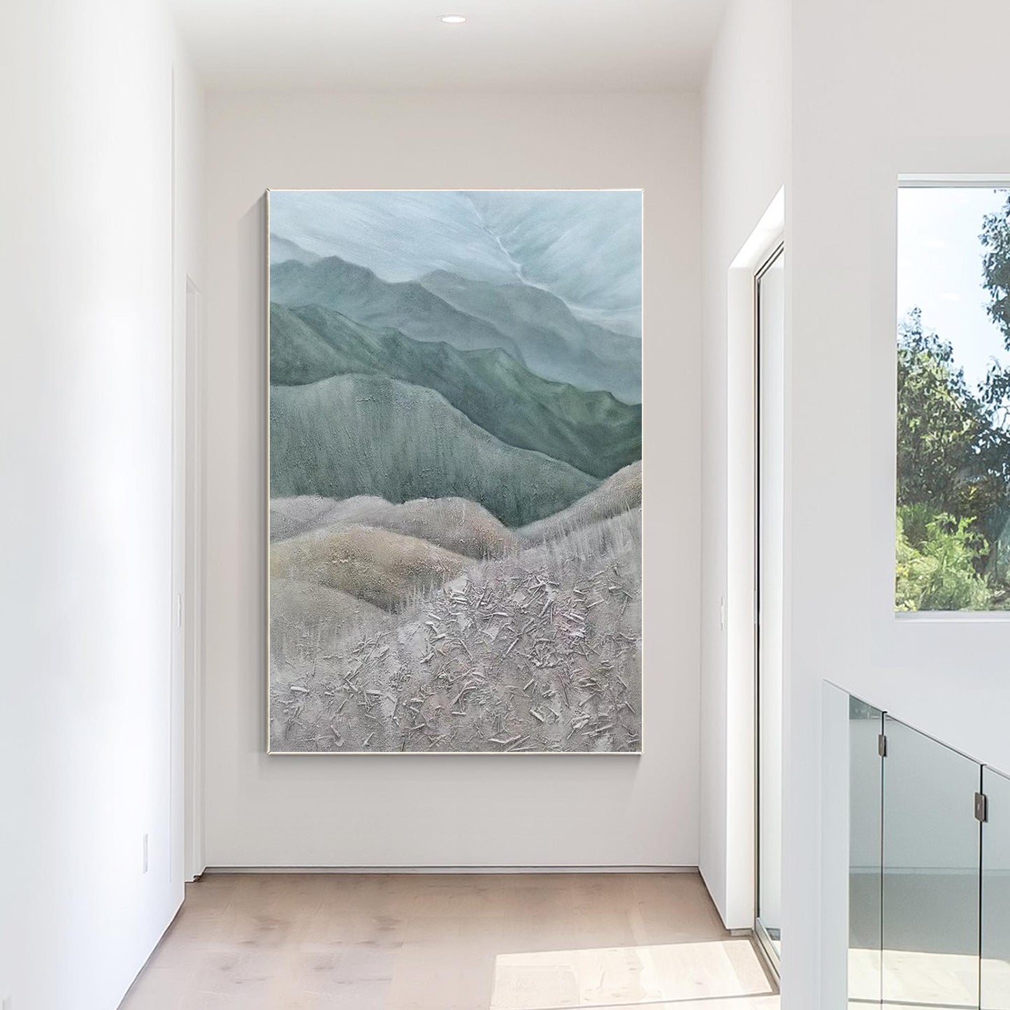 Textured Mountain Landscape Painting: Gray Green Hills, Large Vertical Canvas Ar #5