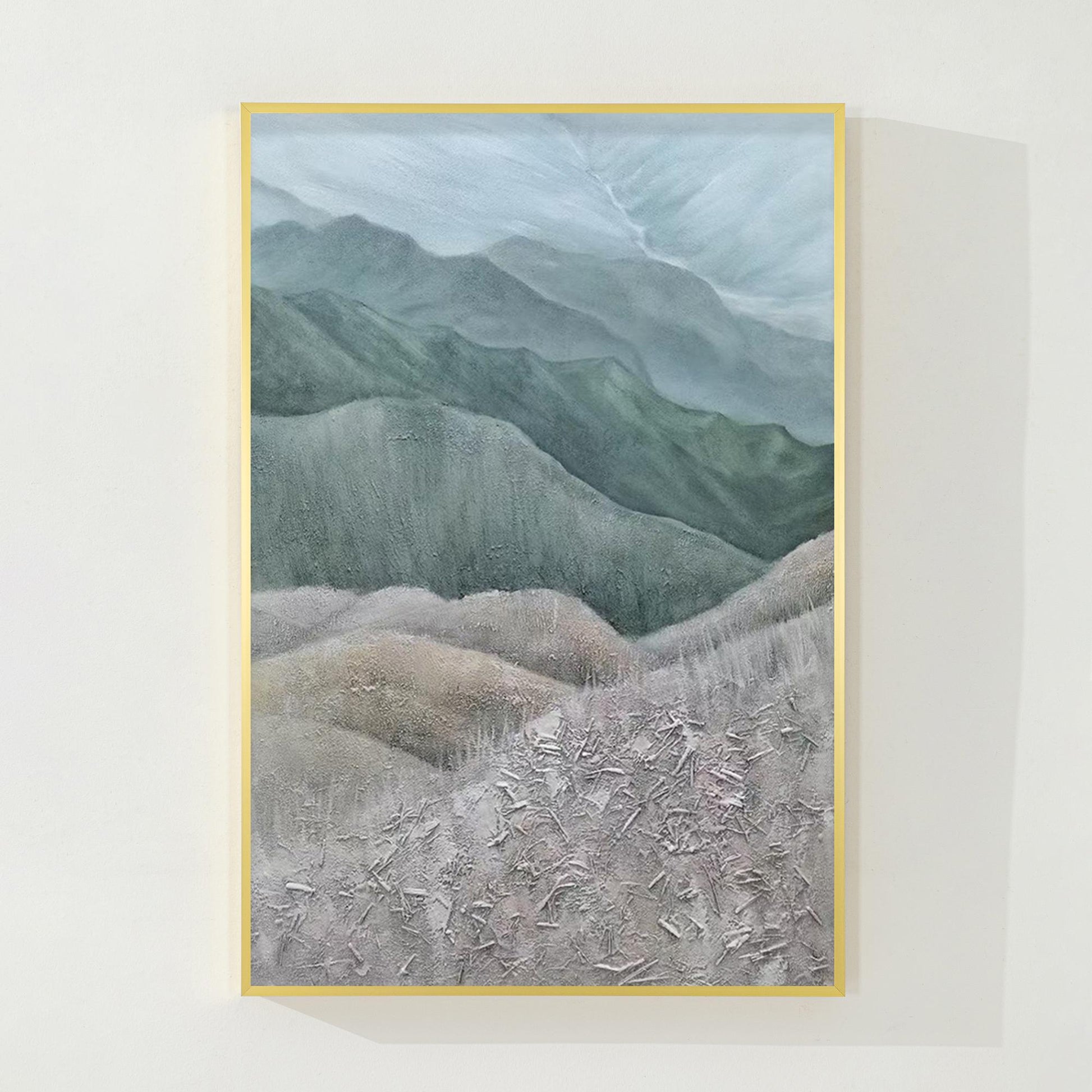 Textured Mountain Landscape Painting: Gray Green Hills, Large Vertical Canvas Ar #8