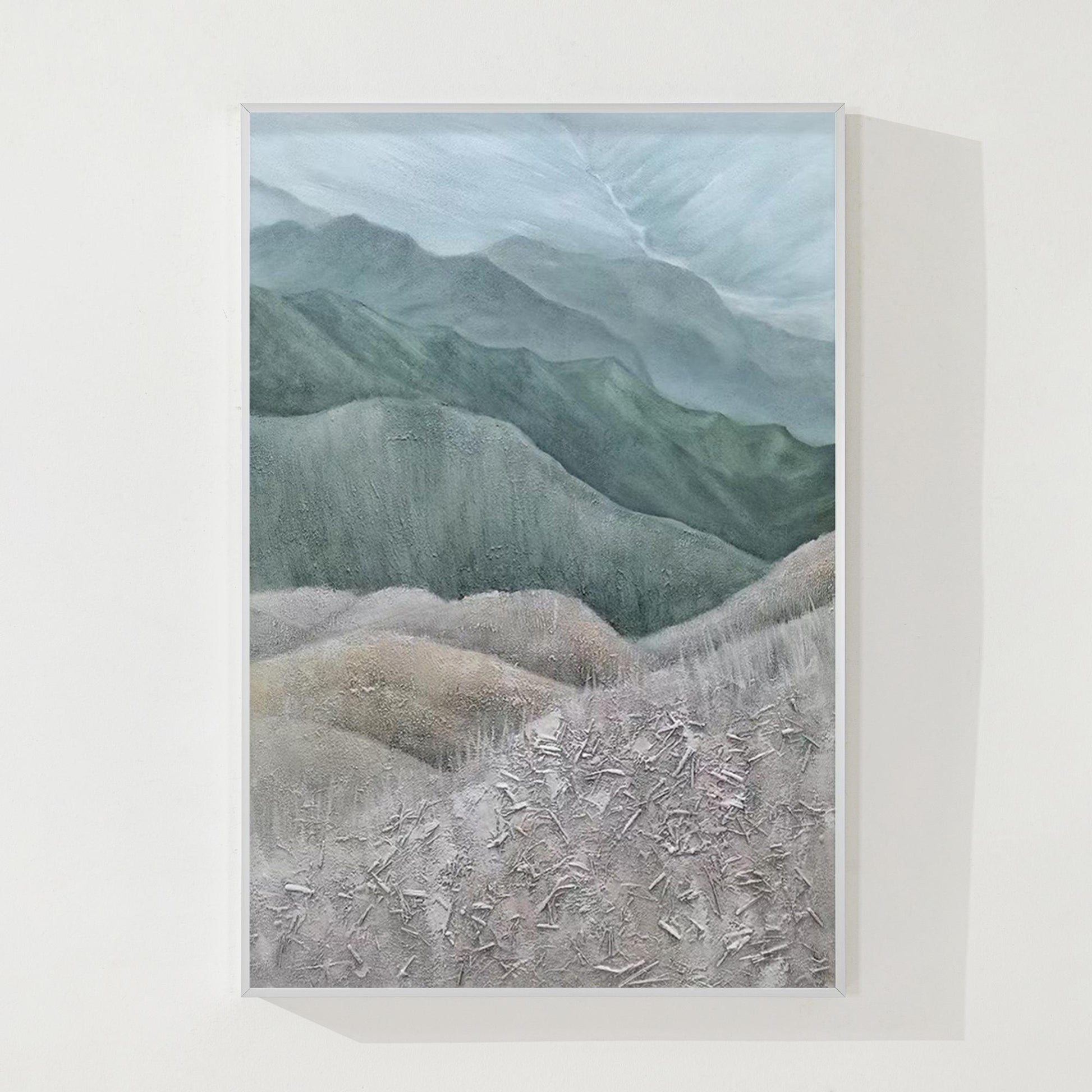 Textured Mountain Landscape Painting: Gray Green Hills, Large Vertical Canvas Ar #9