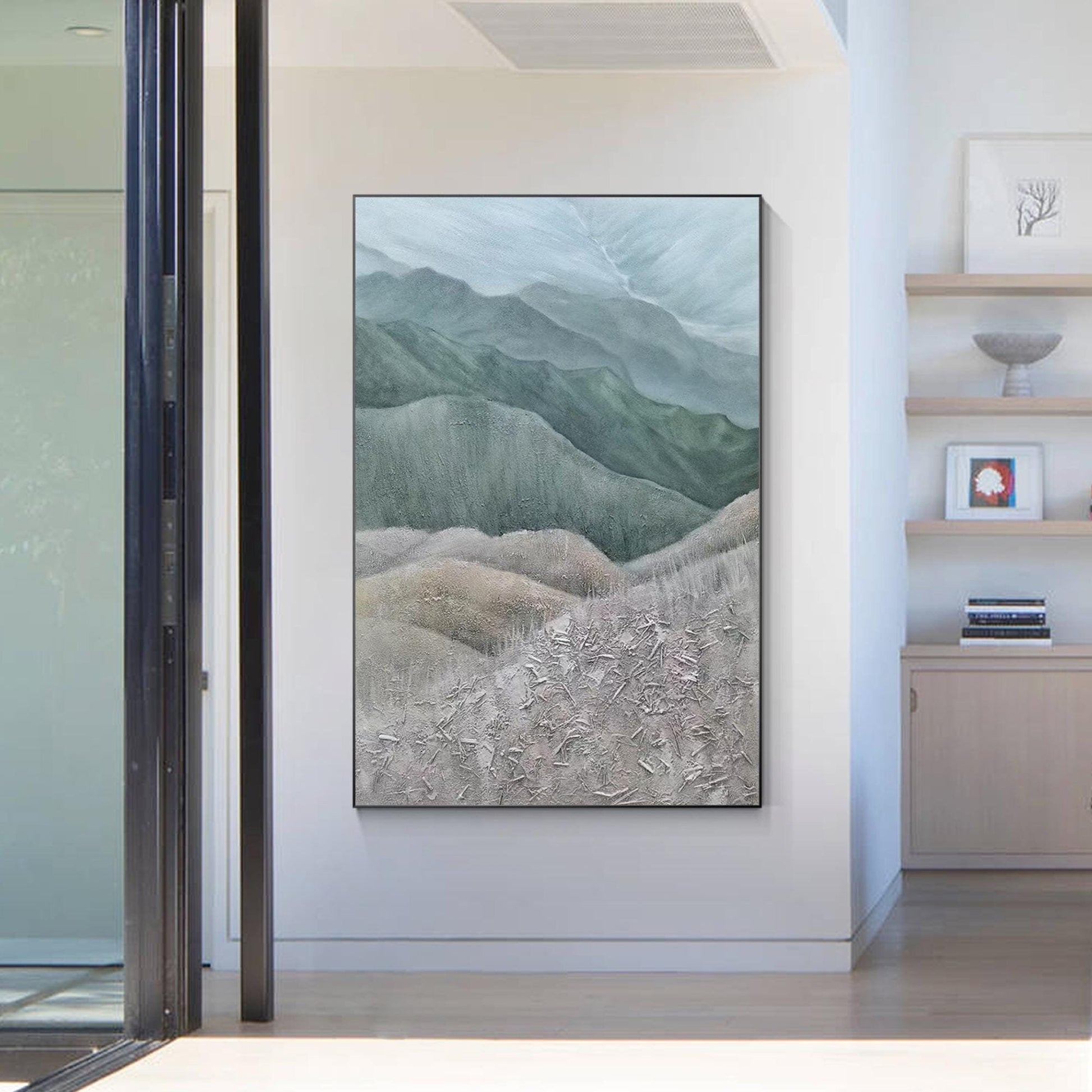 Textured Mountain Landscape Painting: Gray Green Hills, Large Vertical Canvas Ar #1
