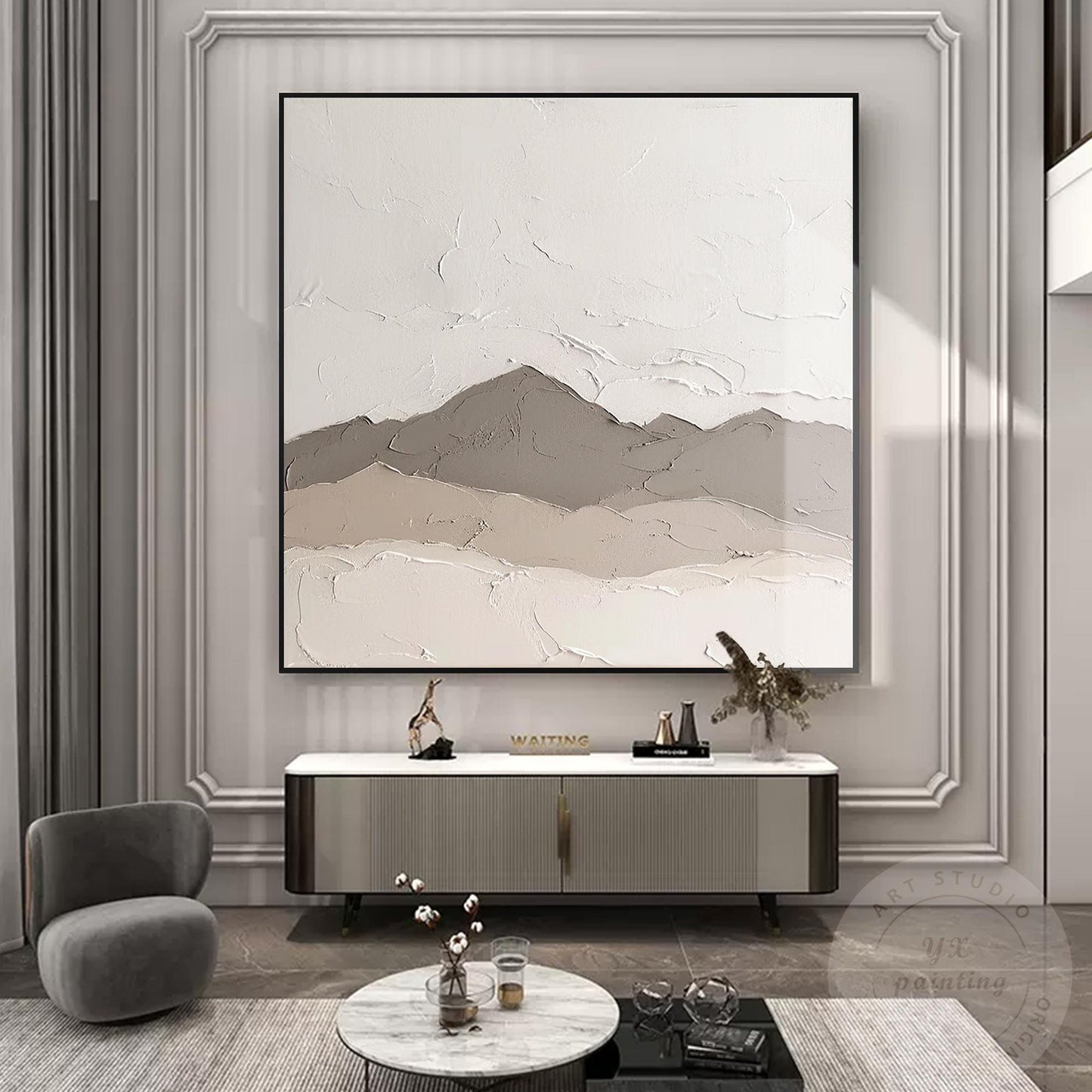 Textured Mountain Landscape Painting: Neutral Earth Tones, Modern Canvas Art #3