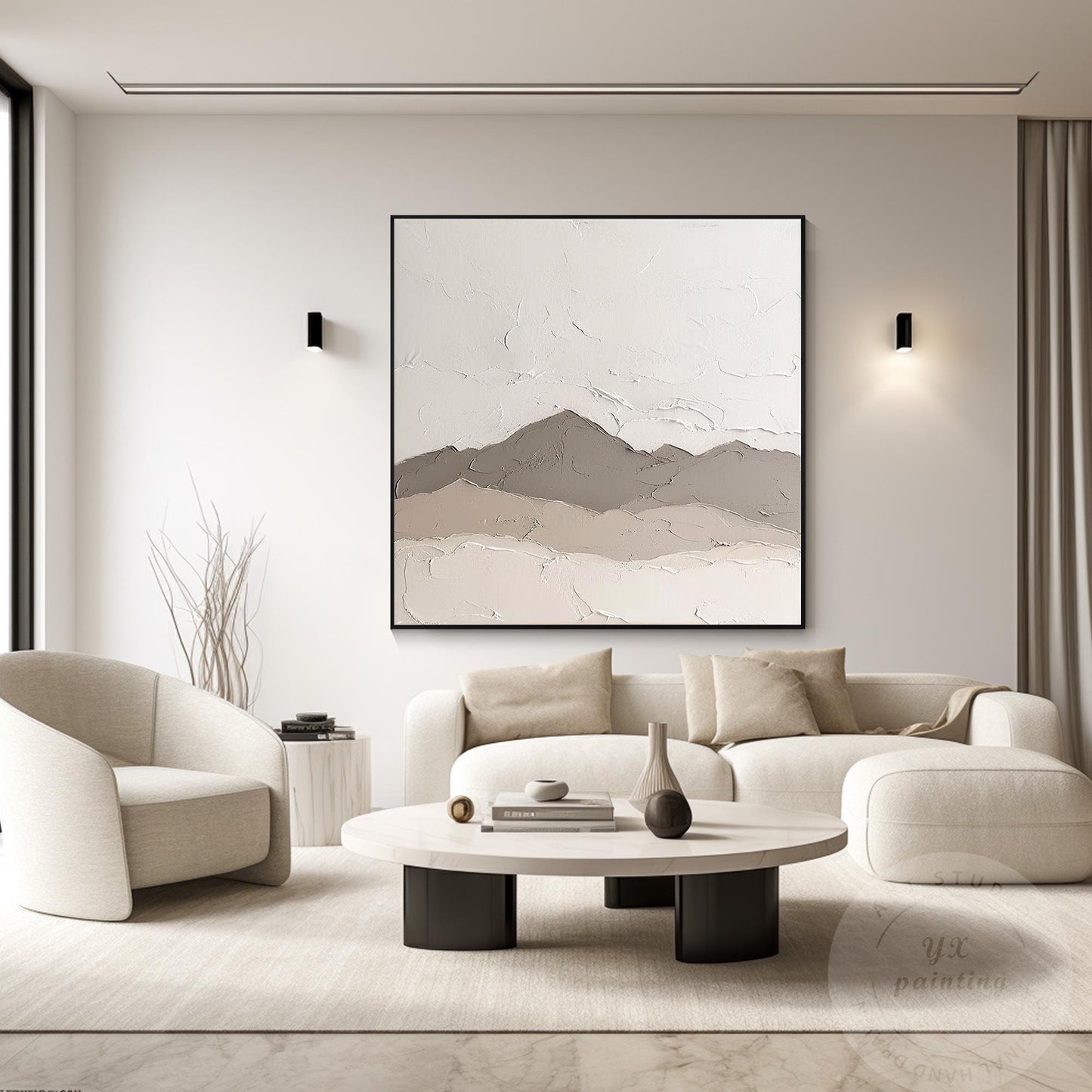Textured Mountain Landscape Painting: Neutral Earth Tones, Modern Canvas Art #1