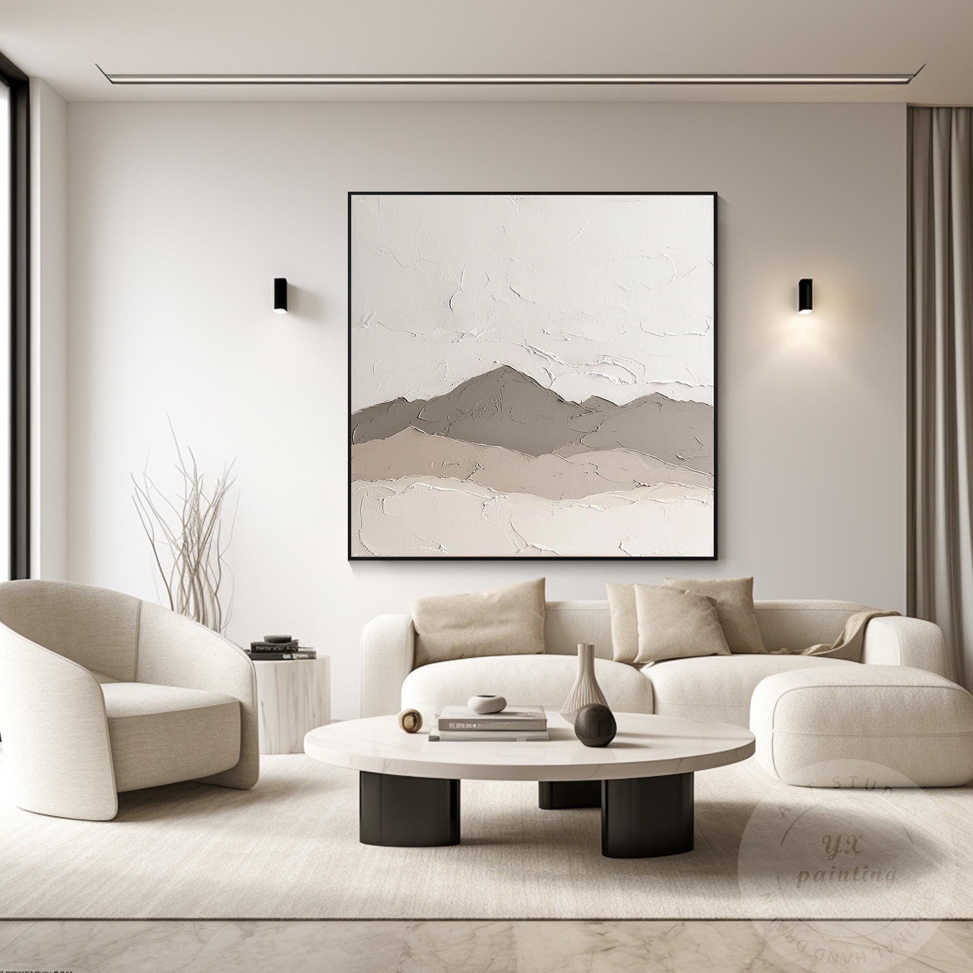 Textured Mountain Landscape Painting: Neutral Earth Tones, Modern Canvas Art #1