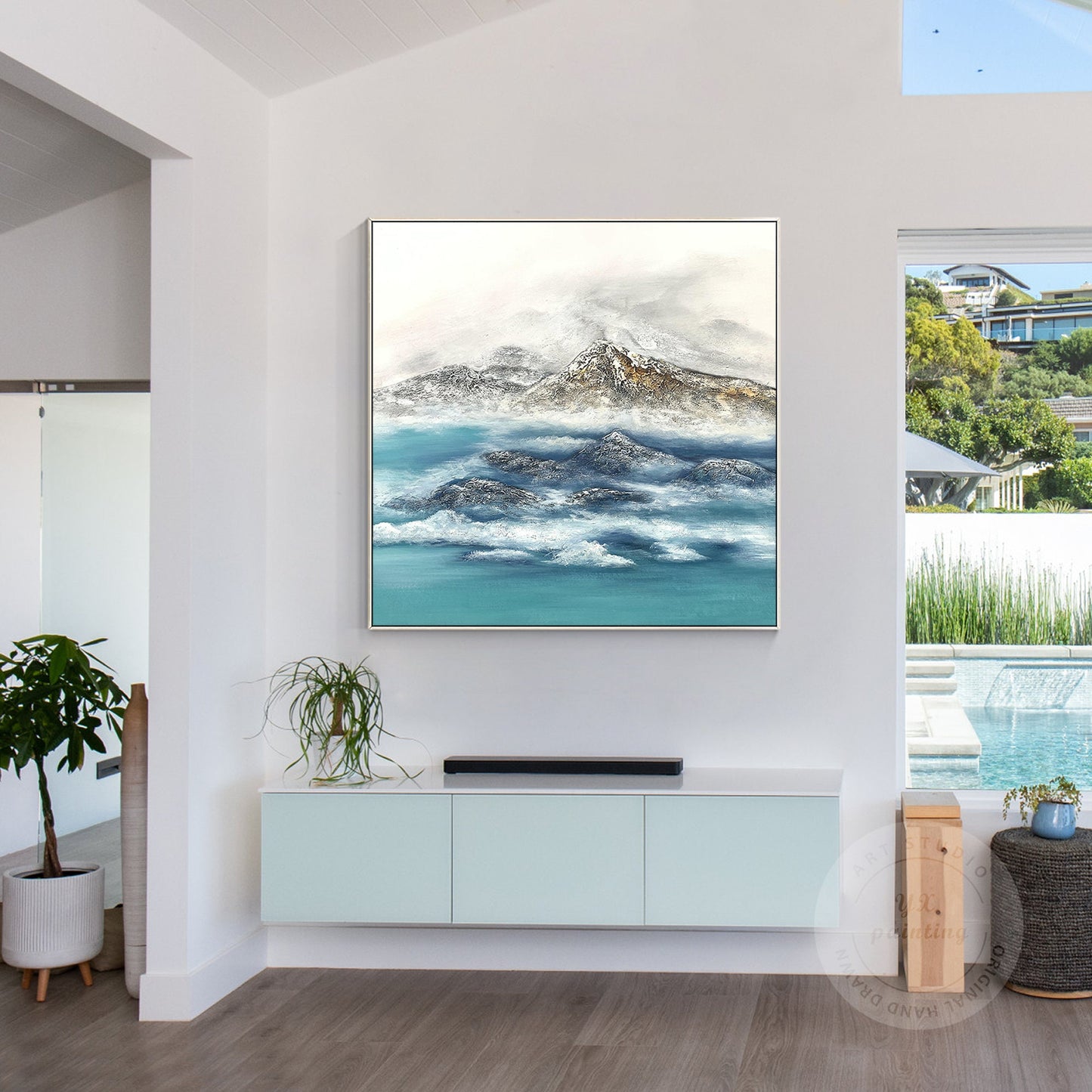Textured Mountain Landscape Painting: Teal River, Modern Framed Wall Art #2