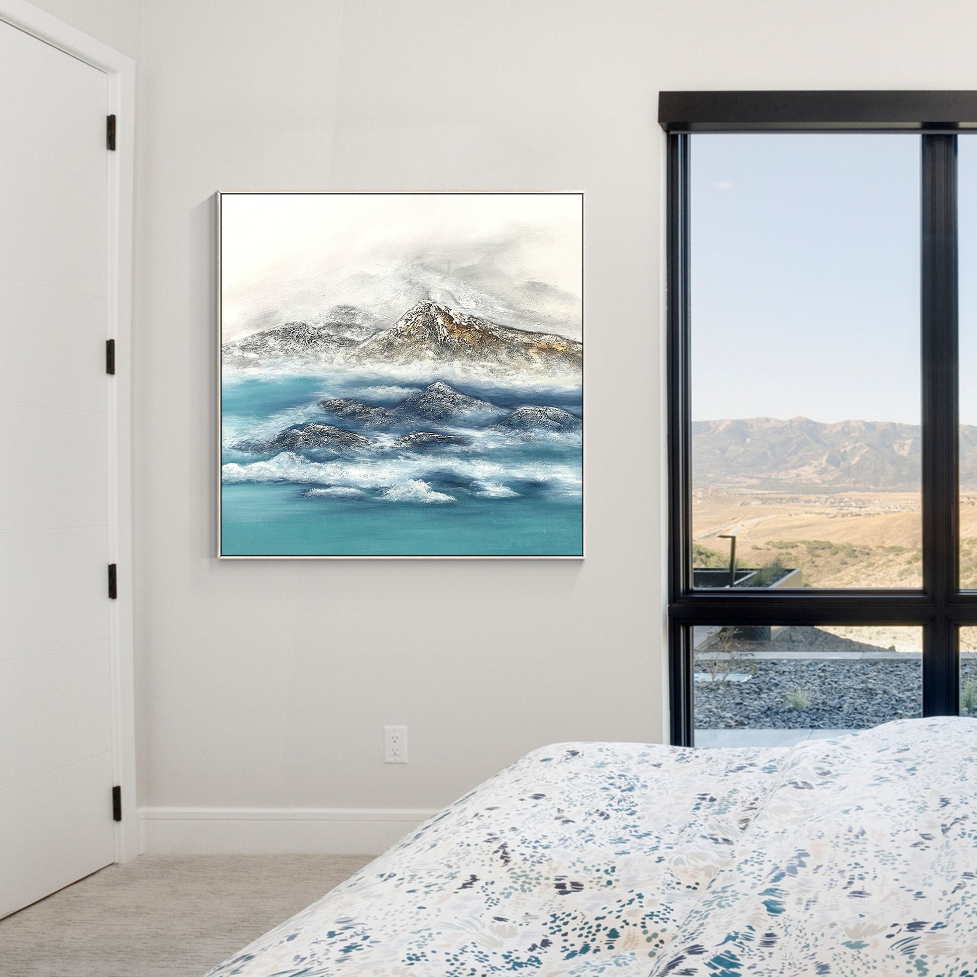 Textured Mountain Landscape Painting: Teal River, Modern Framed Wall Art #3