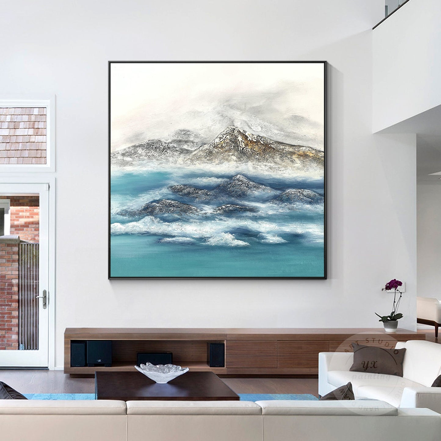 Textured Mountain Landscape Painting: Teal River, Modern Framed Wall Art #4