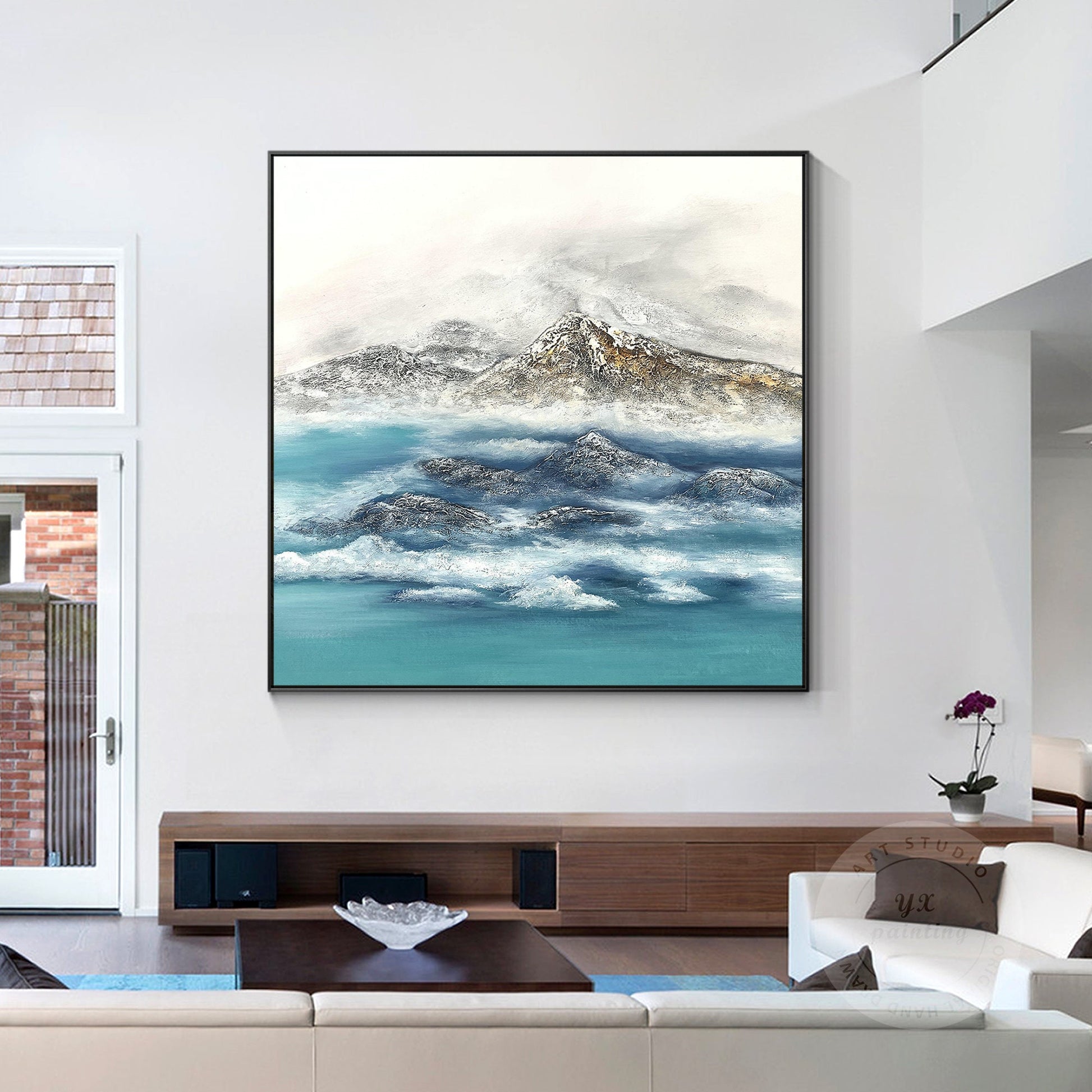 Textured Mountain Landscape Painting: Teal River, Modern Framed Wall Art #4