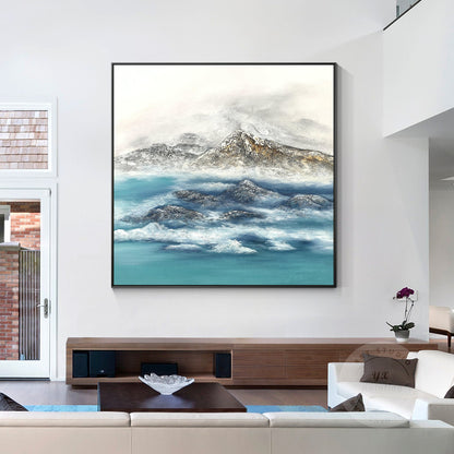 Textured Mountain Landscape Painting: Teal River, Modern Framed Wall Art #4