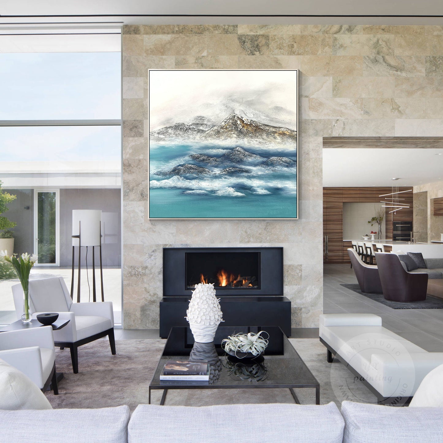 Textured Mountain Landscape Painting: Teal River, Modern Framed Wall Art #5