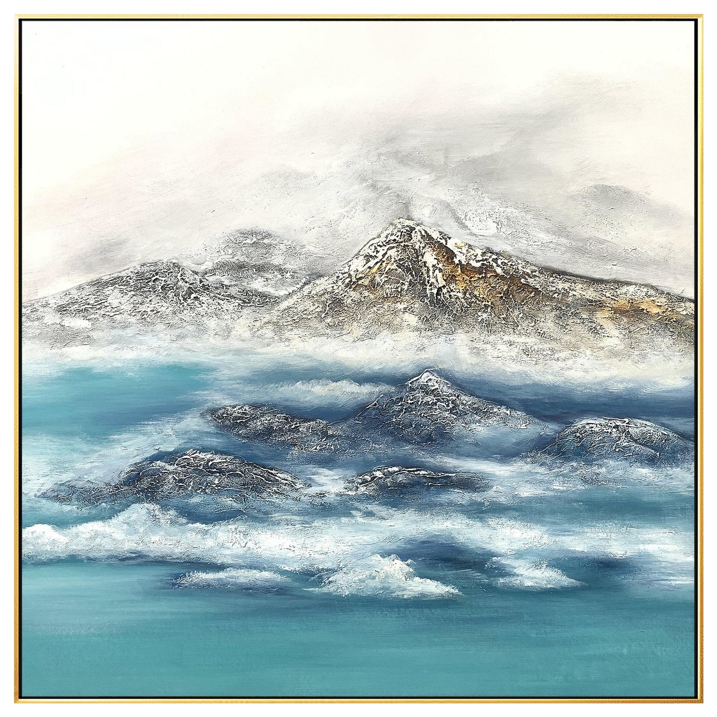 Textured Mountain Landscape Painting: Teal River, Modern Framed Wall Art #7
