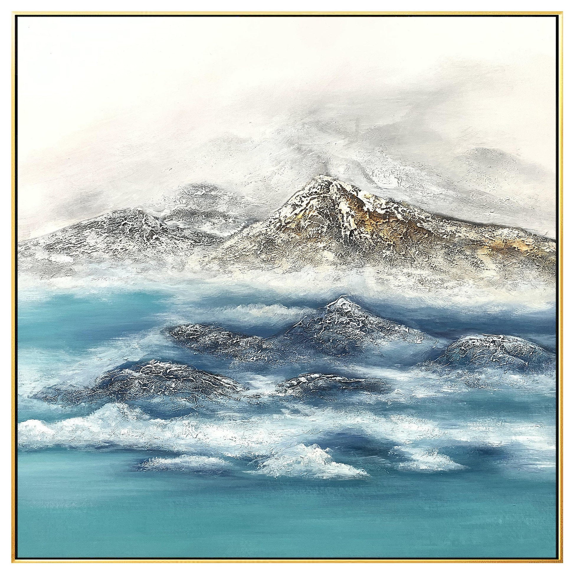 Textured Mountain Landscape Painting: Teal River, Modern Framed Wall Art #7