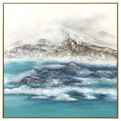 Textured Mountain Landscape Painting: Teal River, Modern Framed Wall Art #7