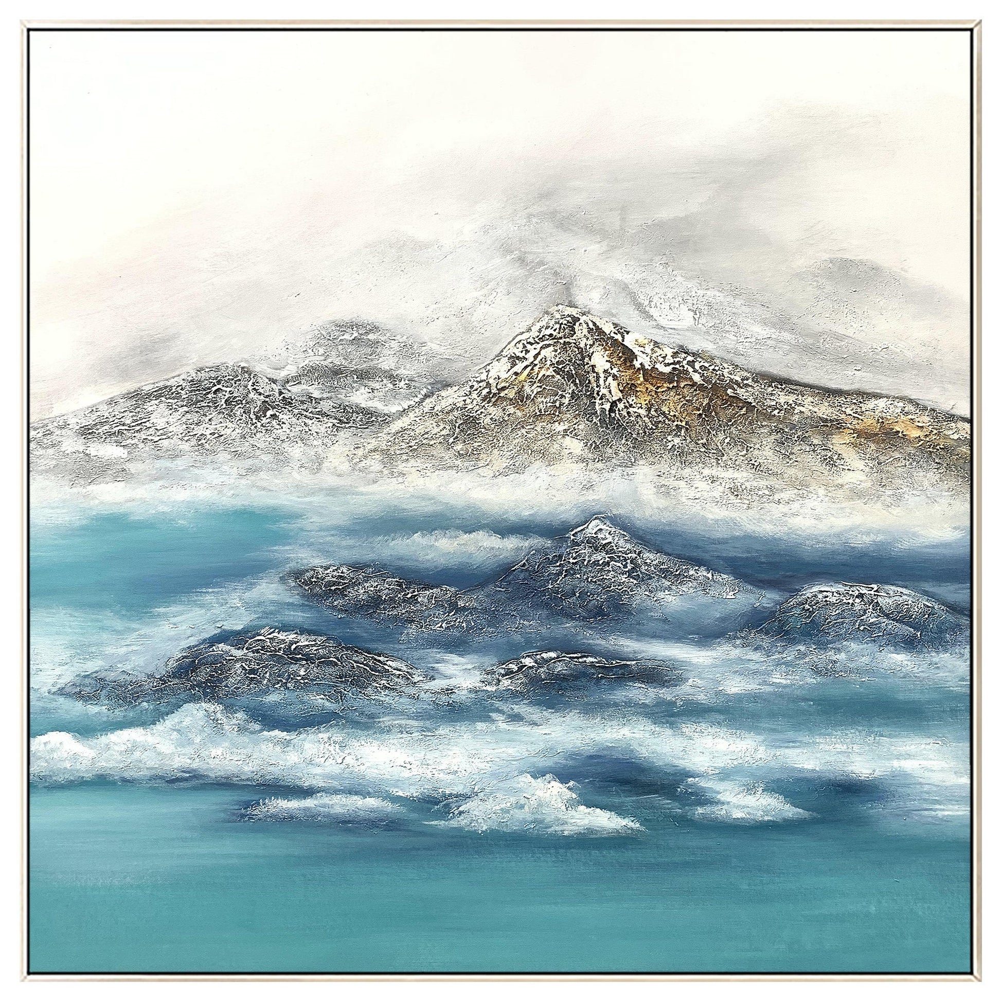 Textured Mountain Landscape Painting: Teal River, Modern Framed Wall Art #8