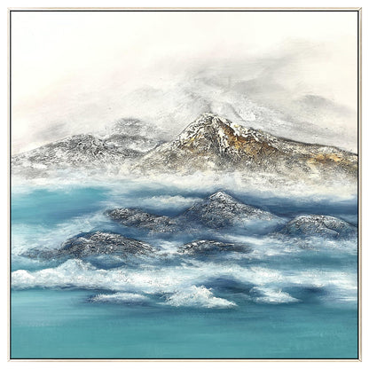 Textured Mountain Landscape Painting: Teal River, Modern Framed Wall Art #8