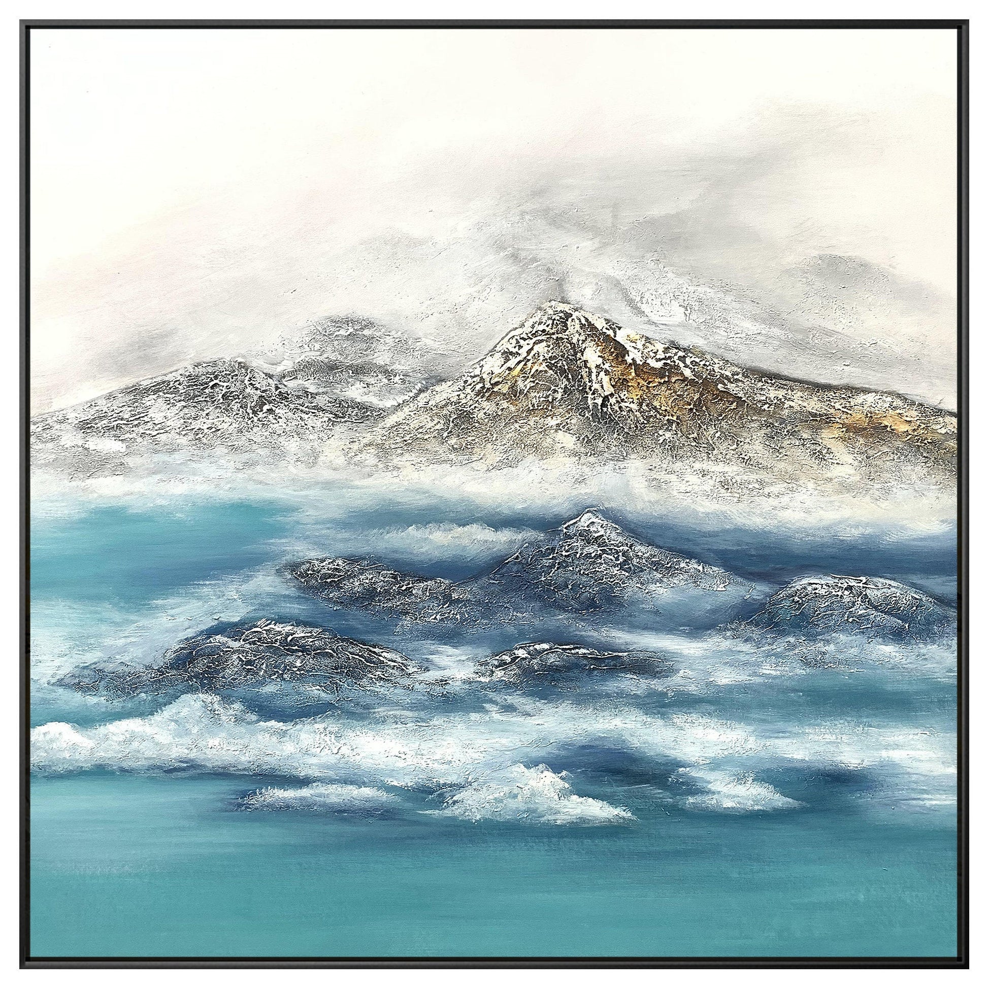 Textured Mountain Landscape Painting: Teal River, Modern Framed Wall Art #9