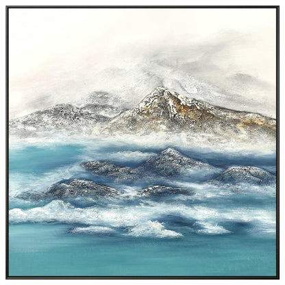 Textured Mountain Landscape Painting: Teal River, Modern Framed Wall Art #9