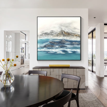 Textured Mountain Landscape Painting: Teal River, Modern Framed Wall Art #1