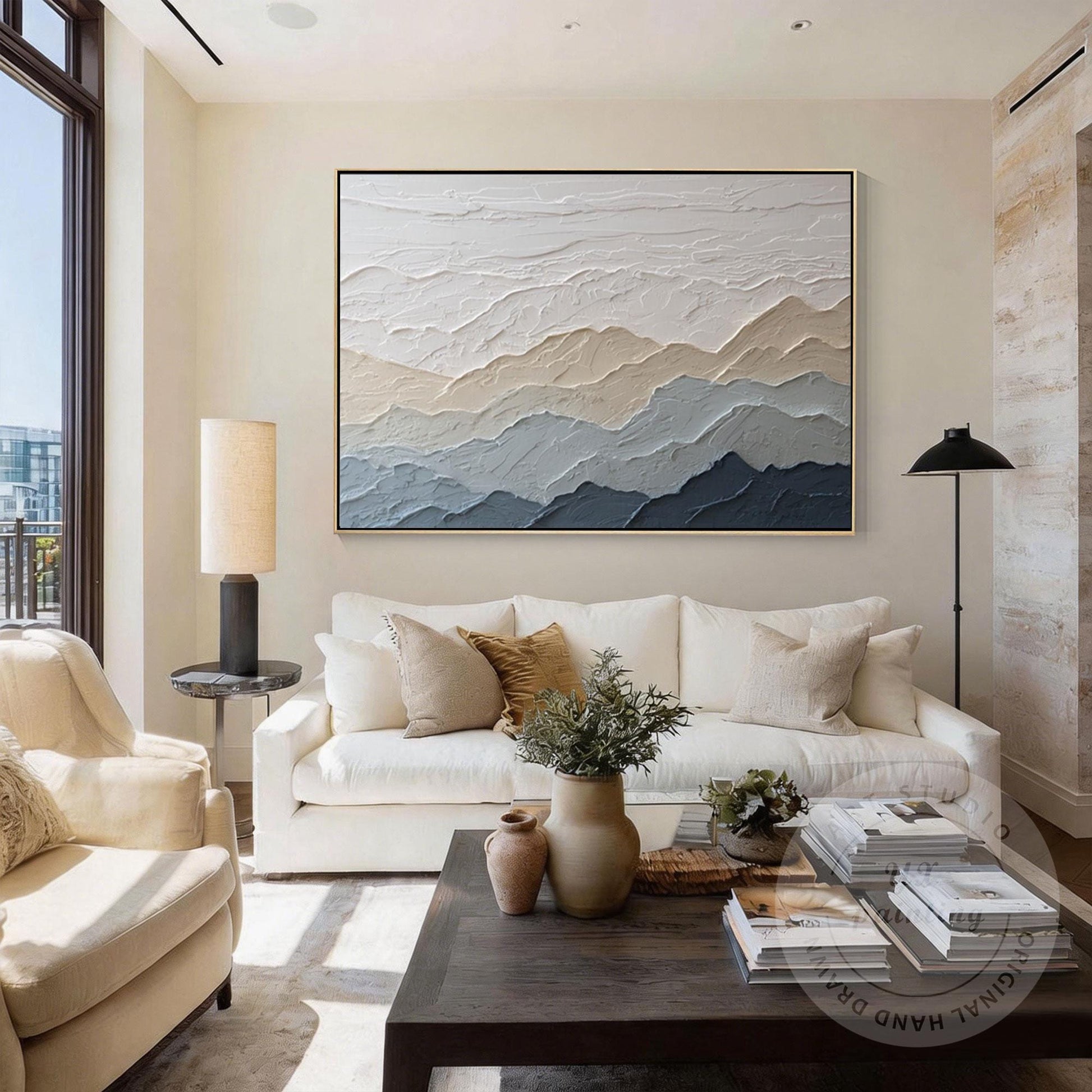 Textured Mountain Wall Art, Neutral Beige Blue Landscape Painting, Japandi Mount #2