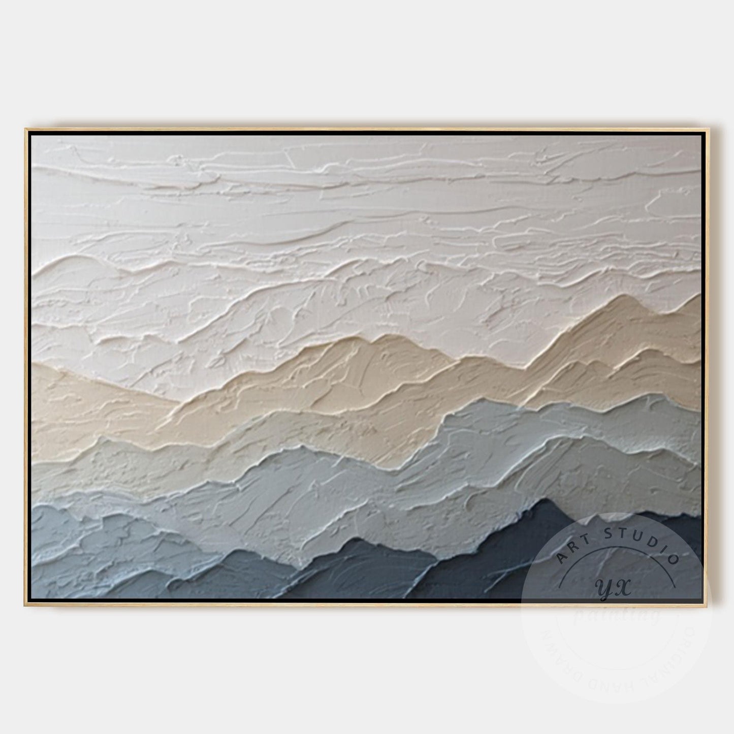 Textured Mountain Wall Art, Neutral Beige Blue Landscape Painting, Japandi Mount #11