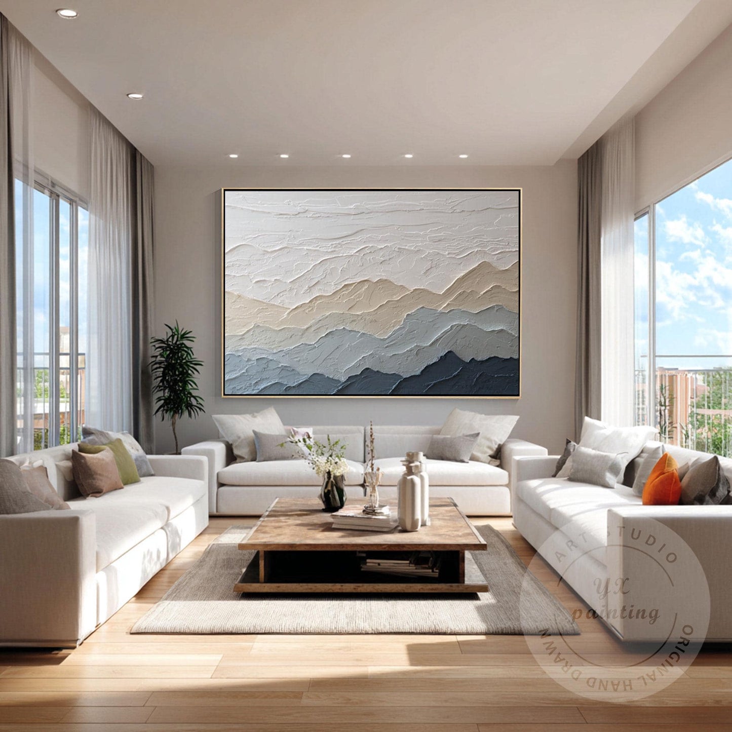 Textured Mountain Wall Art, Neutral Beige Blue Landscape Painting, Japandi Mount #3