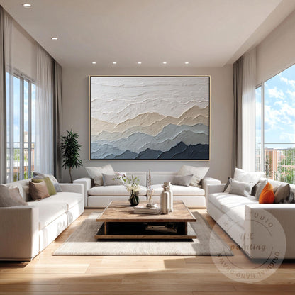 Textured Mountain Wall Art, Neutral Beige Blue Landscape Painting, Japandi Mount #3