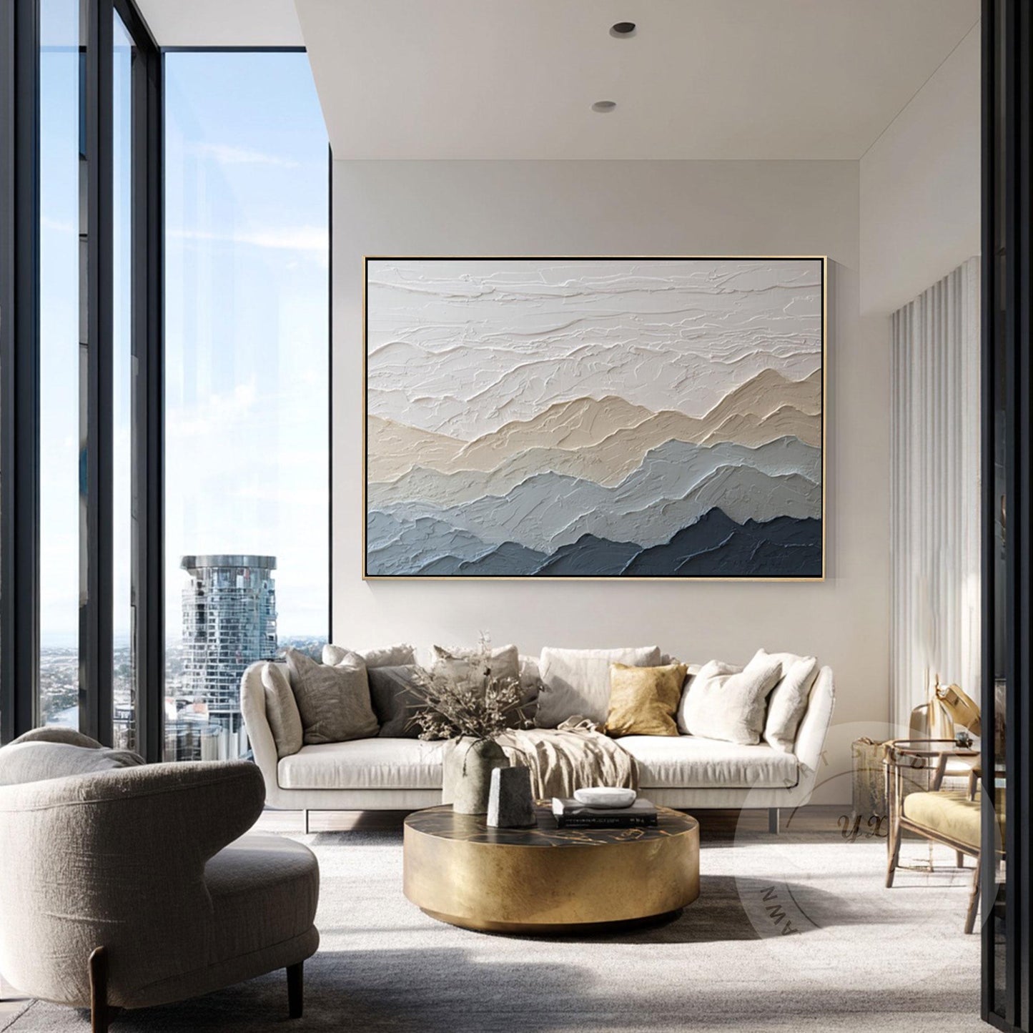 Textured Mountain Wall Art, Neutral Beige Blue Landscape Painting, Japandi Mount #4