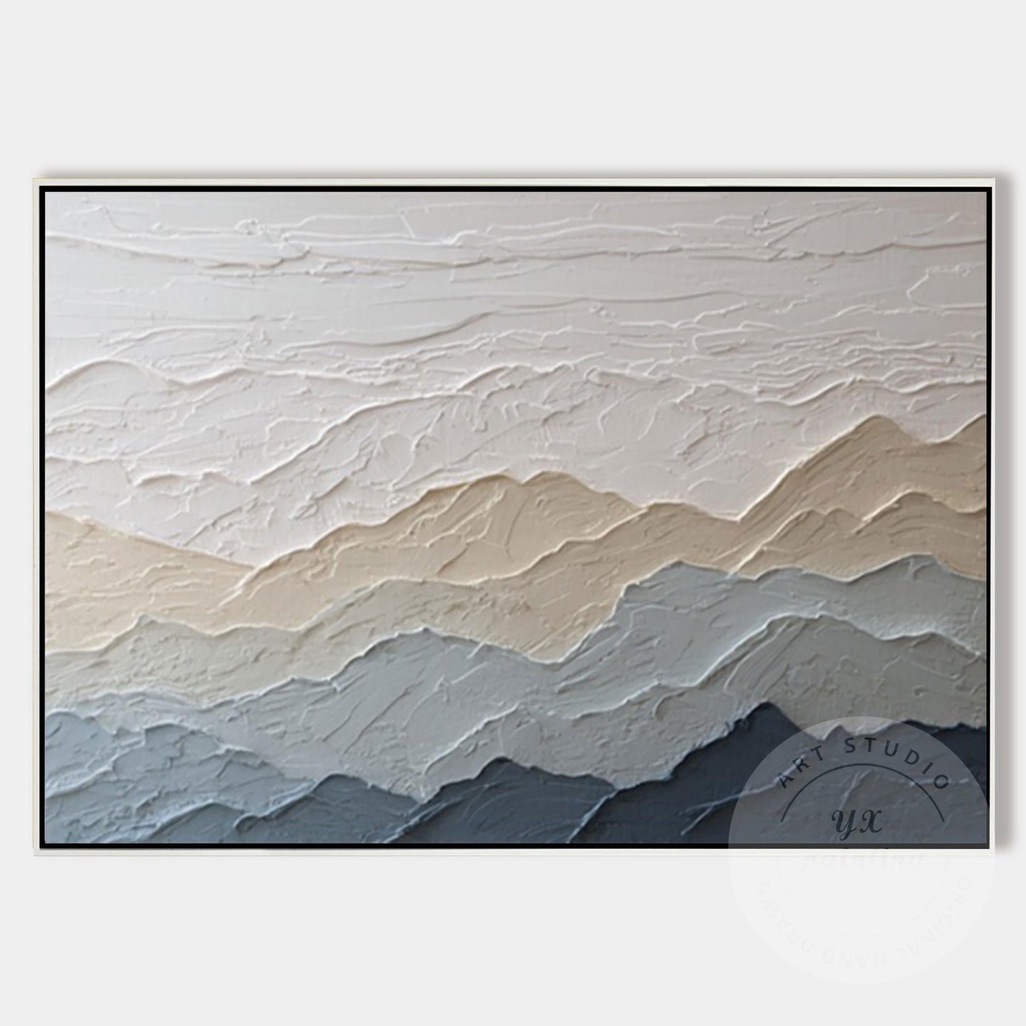 Textured Mountain Wall Art, Neutral Beige Blue Landscape Painting, Japandi Mount #6