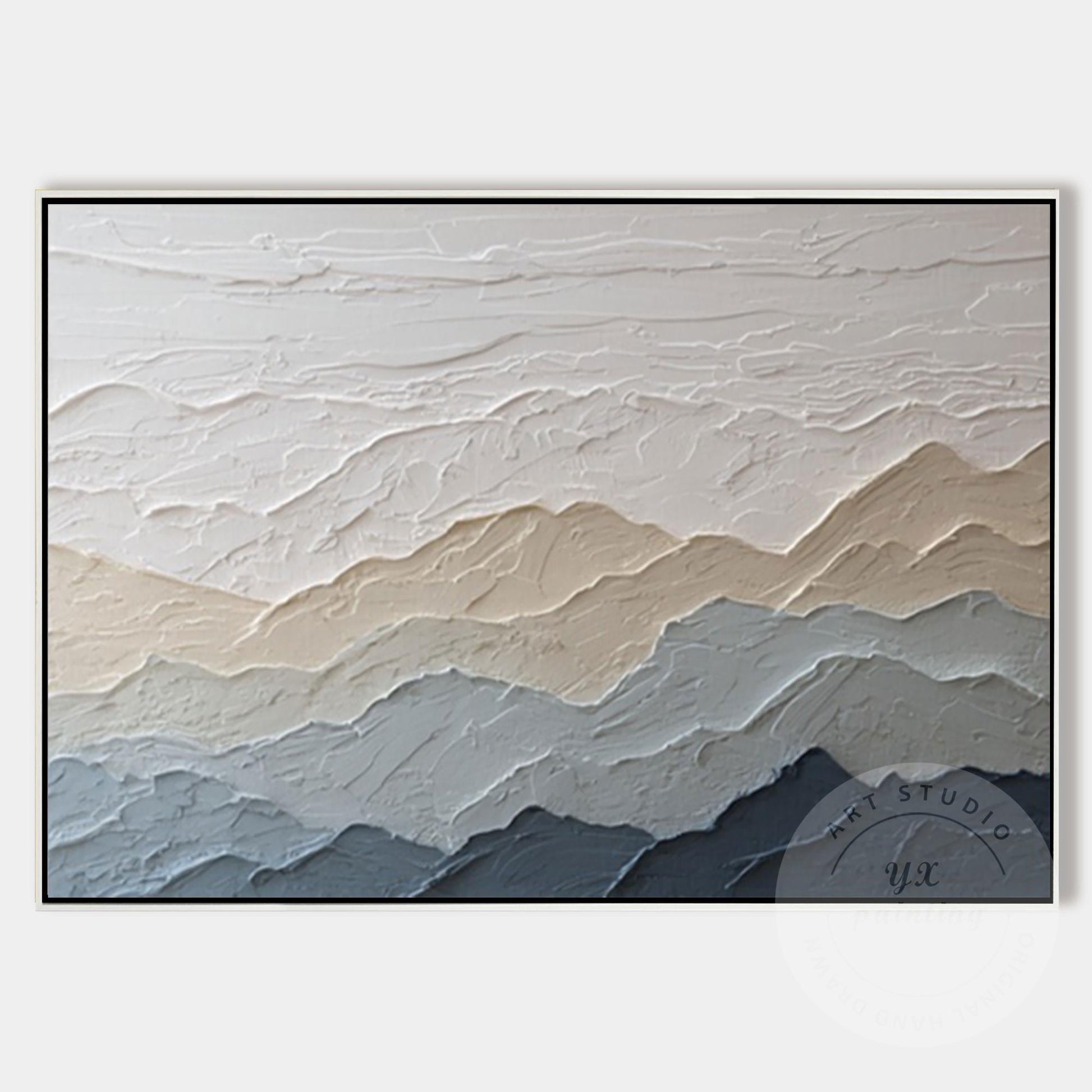 Textured Mountain Wall Art, Neutral Beige Blue Landscape Painting, Japandi Mount #6