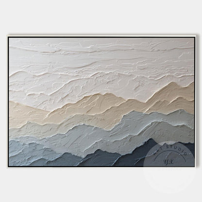 Textured Mountain Wall Art, Neutral Beige Blue Landscape Painting, Japandi Mount #6