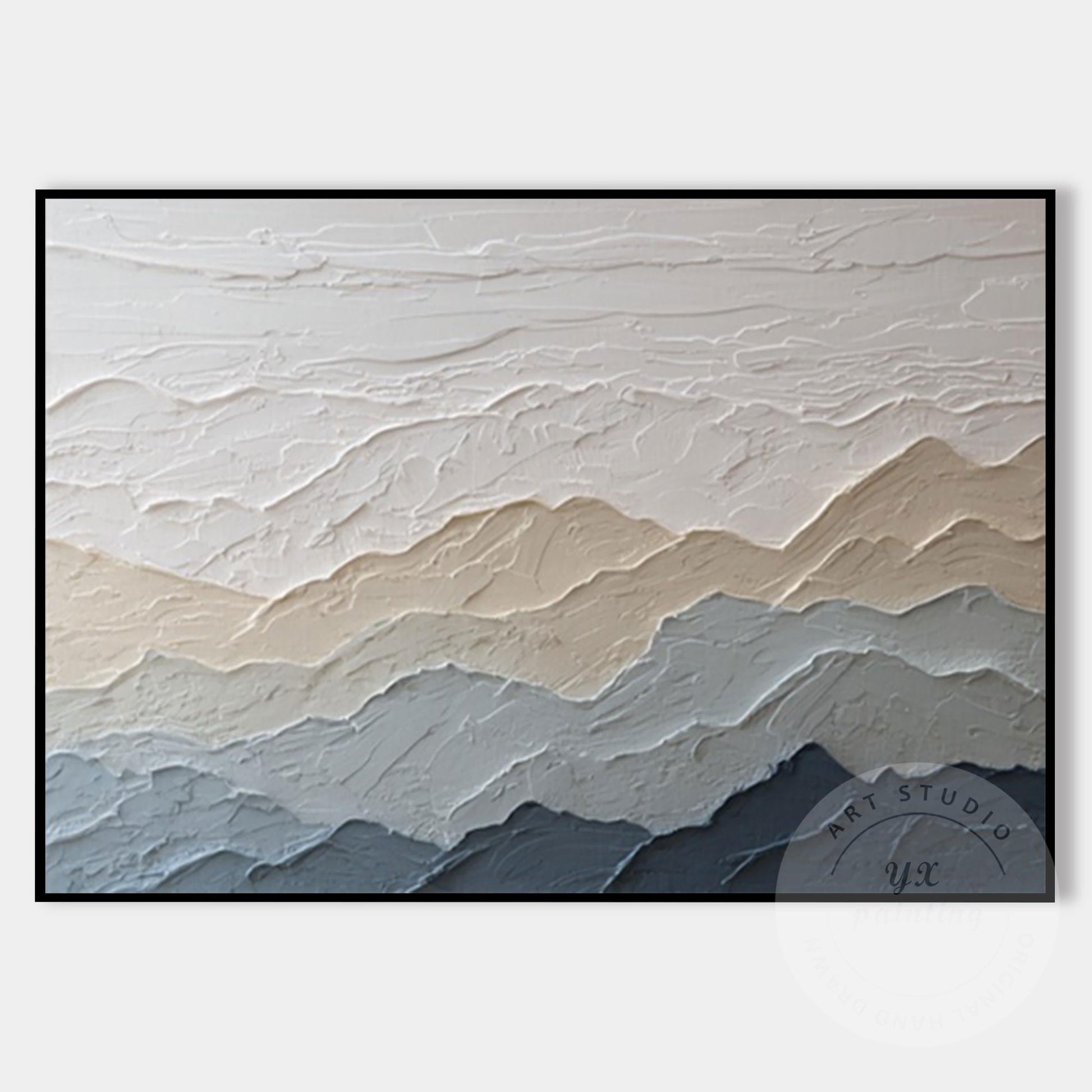 Textured Mountain Wall Art, Neutral Beige Blue Landscape Painting, Japandi Mount #7