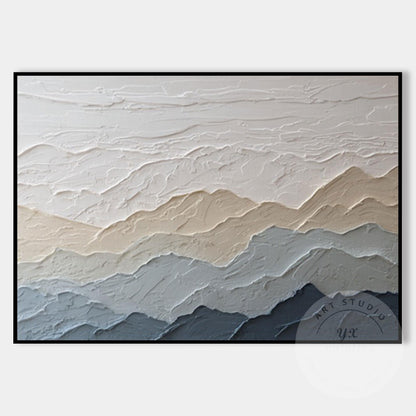 Textured Mountain Wall Art, Neutral Beige Blue Landscape Painting, Japandi Mount #7