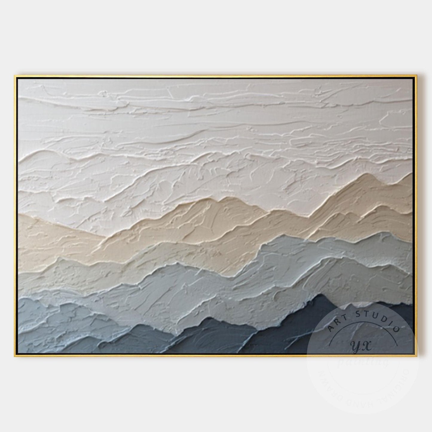 Textured Mountain Wall Art, Neutral Beige Blue Landscape Painting, Japandi Mount #8