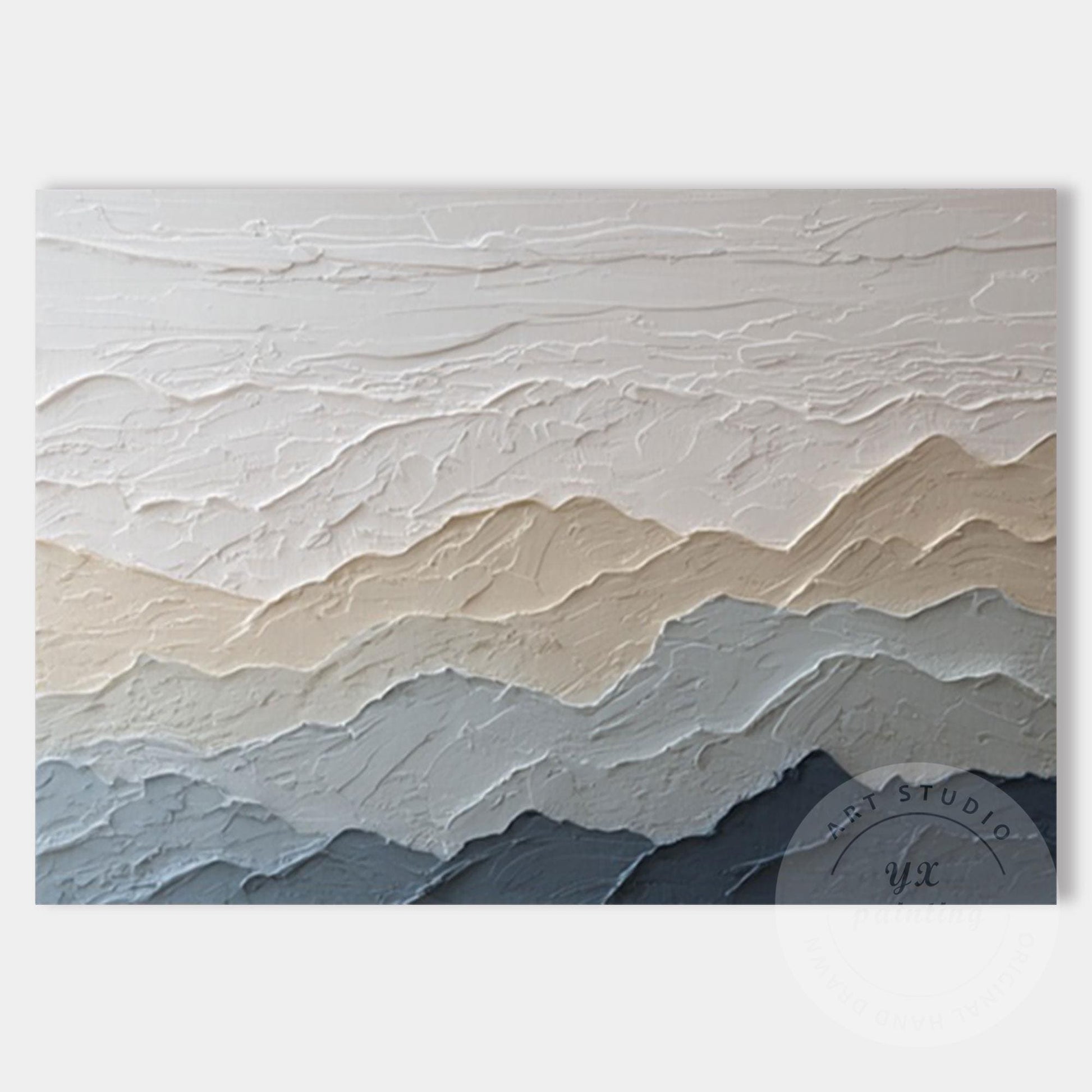Textured Mountain Wall Art, Neutral Beige Blue Landscape Painting, Japandi Mount #9