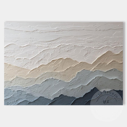 Textured Mountain Wall Art, Neutral Beige Blue Landscape Painting, Japandi Mount #9
