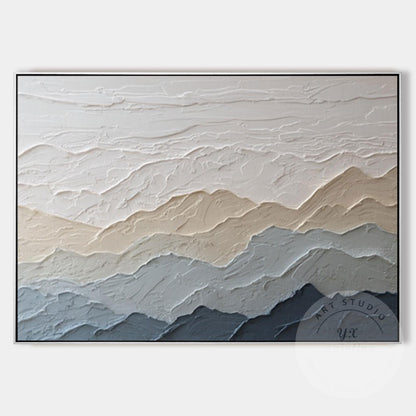 Textured Mountain Wall Art, Neutral Beige Blue Landscape Painting, Japandi Mount #10