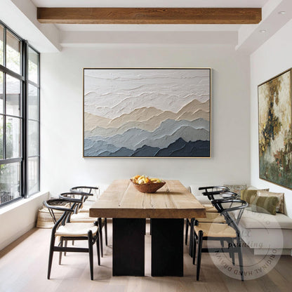 Textured Mountain Wall Art, Neutral Beige Blue Landscape Painting, Japandi Mount #1