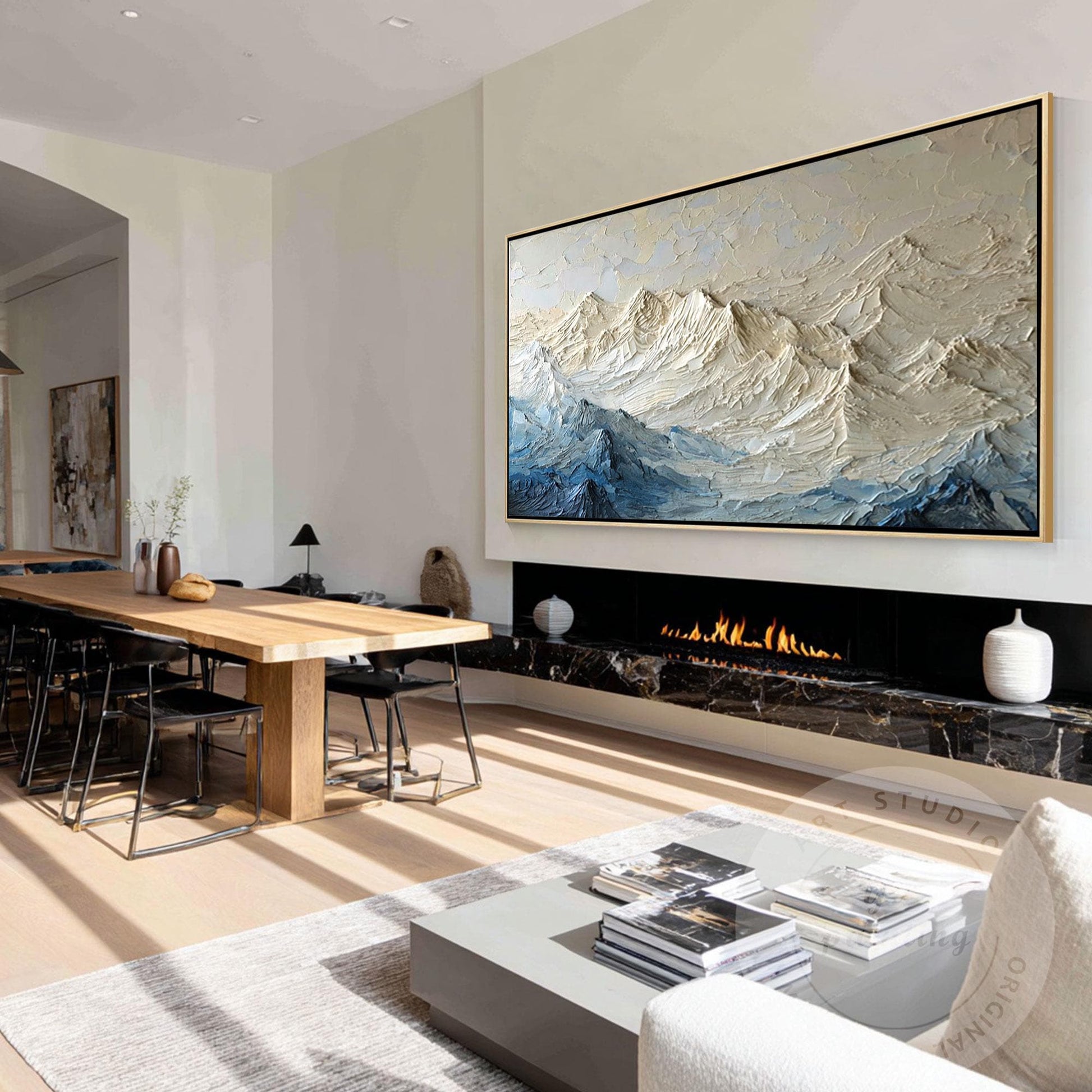 Textured Mountain Wall Art, Neutral Blue Impasto Landscape Painting, Modern Moun #3