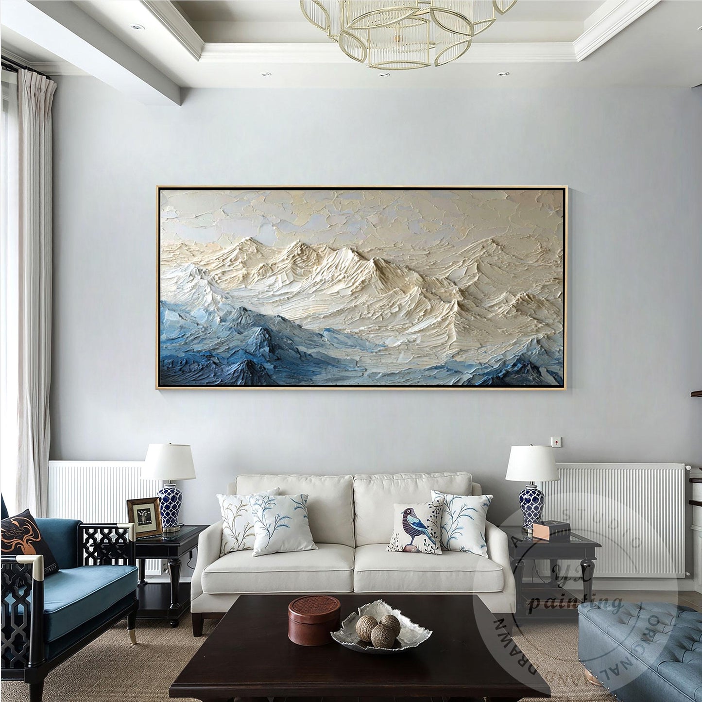 Textured Mountain Wall Art, Neutral Blue Impasto Landscape Painting, Modern Moun #4