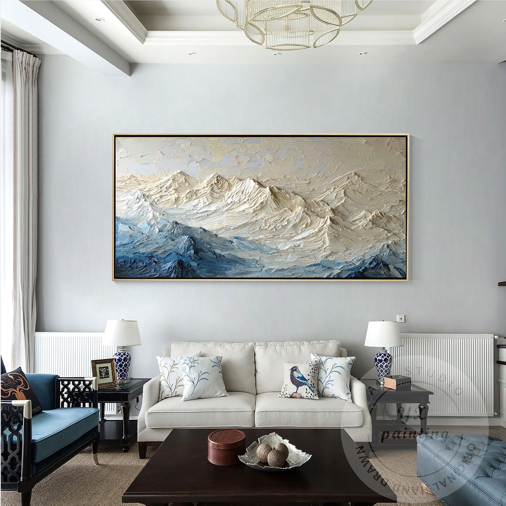 Textured Mountain Wall Art, Neutral Blue Impasto Landscape Painting, Modern Moun #4