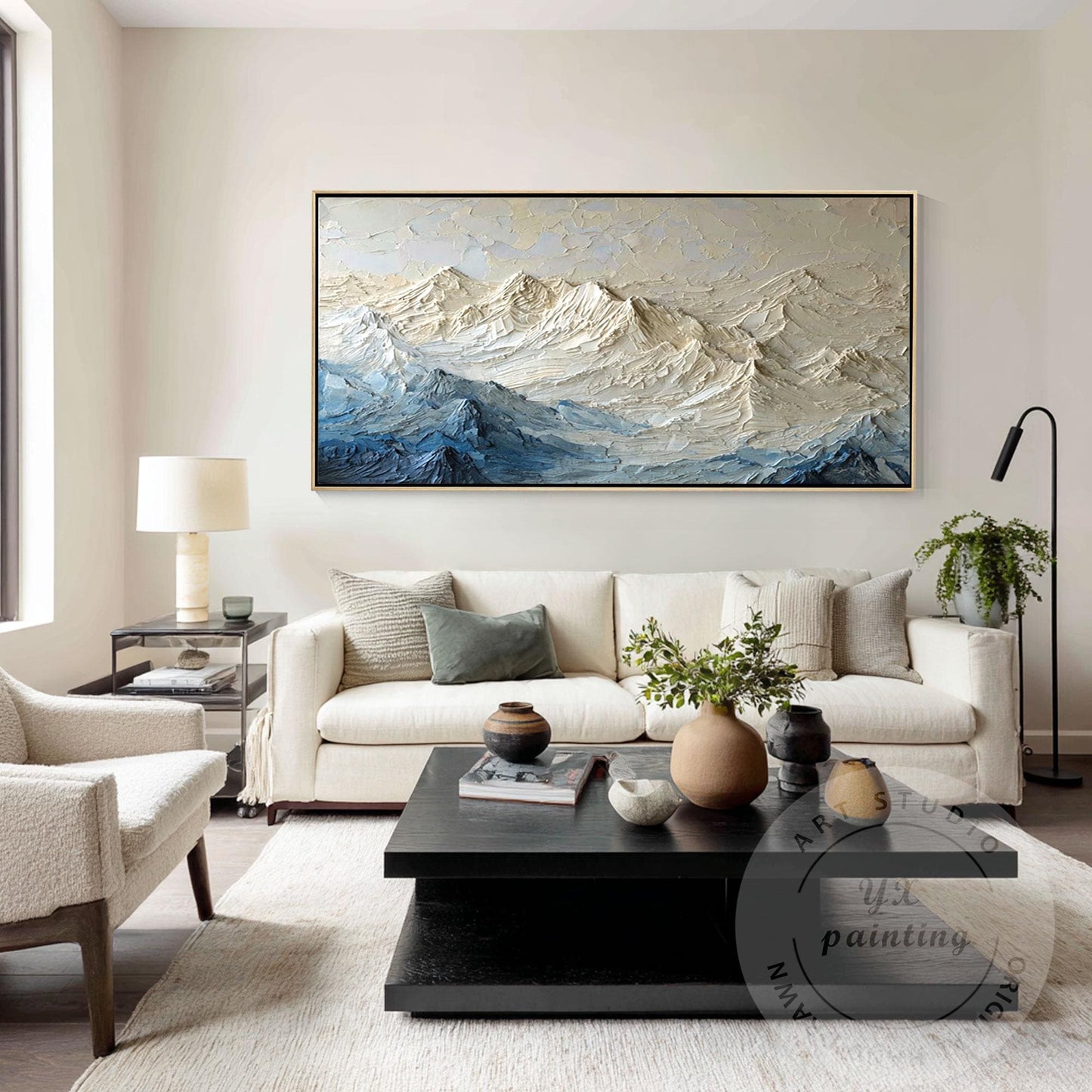Textured Mountain Wall Art, Neutral Blue Impasto Landscape Painting, Modern Moun #5
