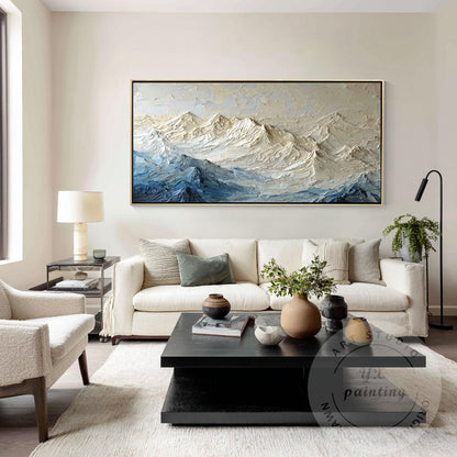 Textured Mountain Wall Art, Neutral Blue Impasto Landscape Painting, Modern Moun #5