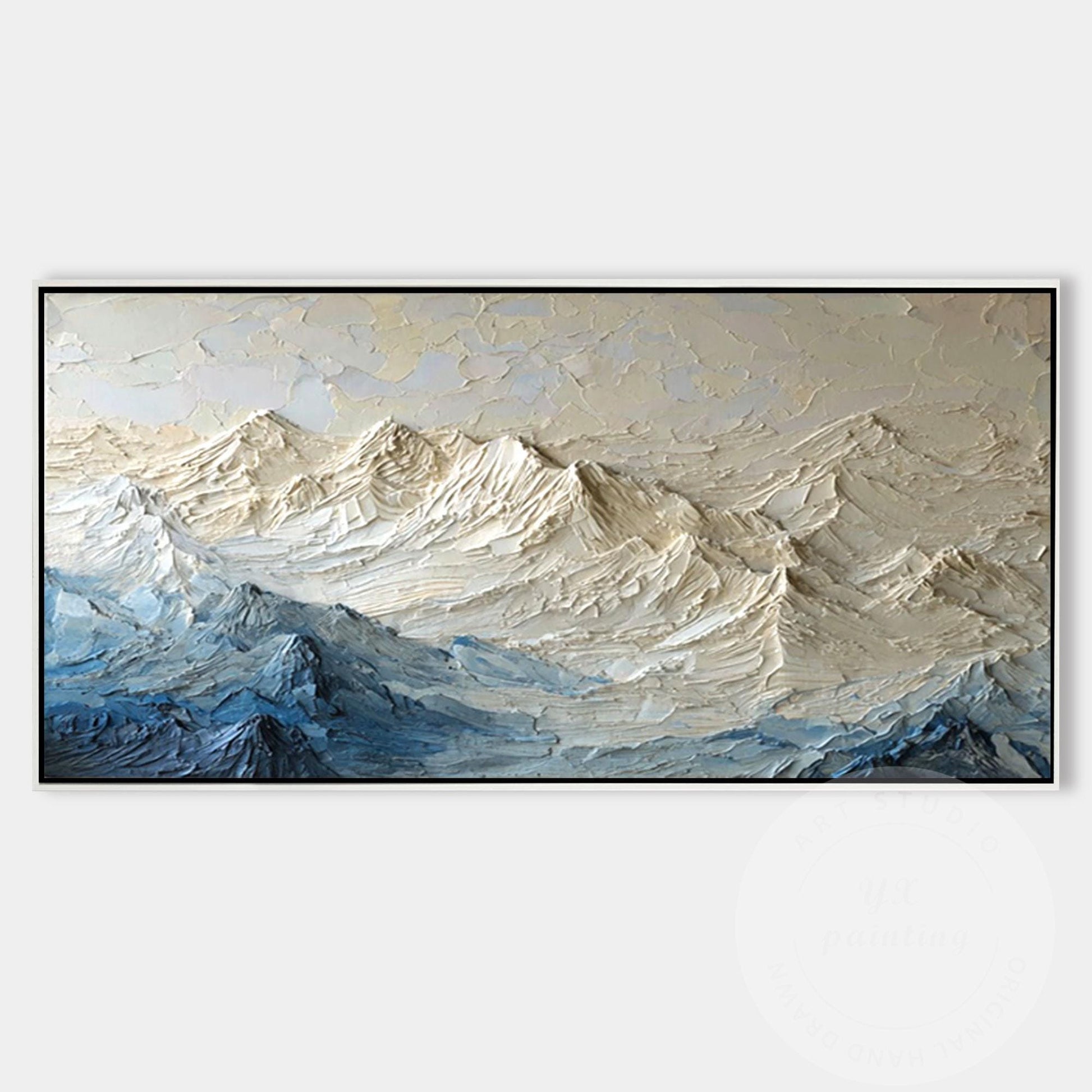 Textured Mountain Wall Art, Neutral Blue Impasto Landscape Painting, Modern Moun #7