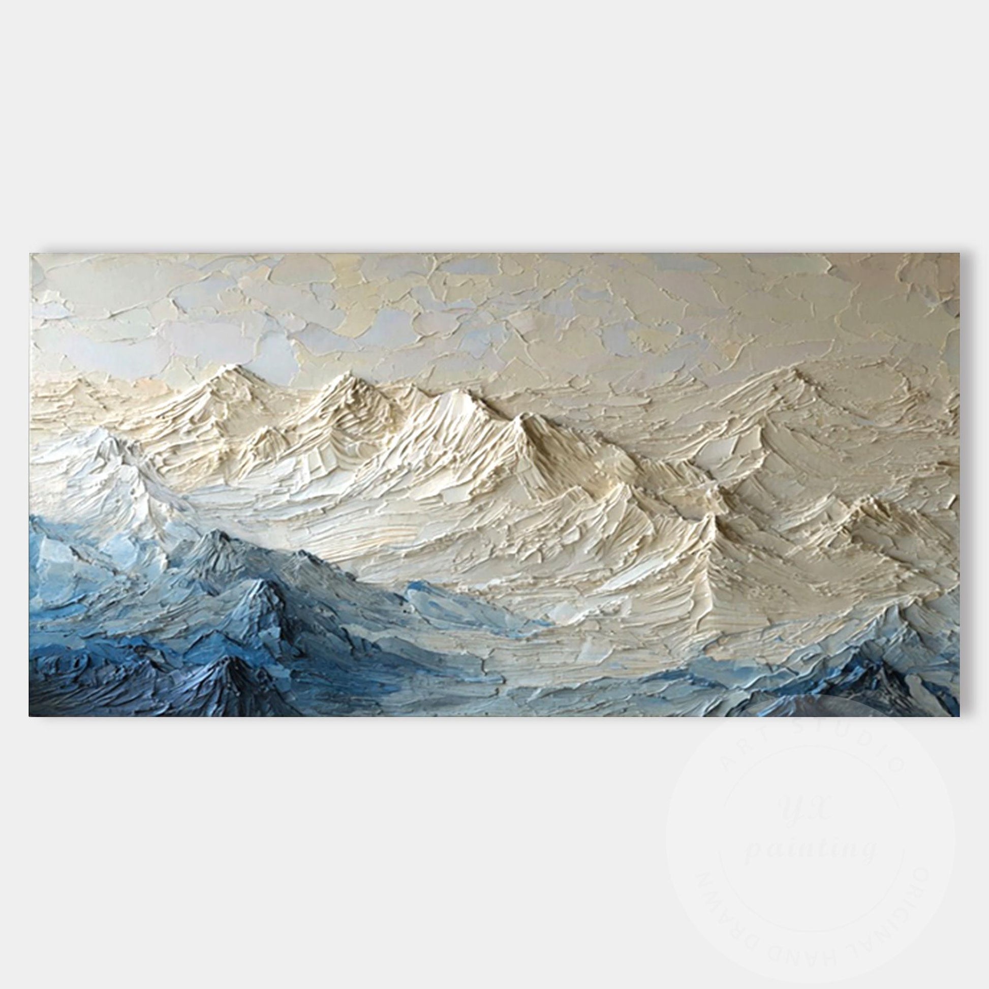 Textured Mountain Wall Art, Neutral Blue Impasto Landscape Painting, Modern Moun #8