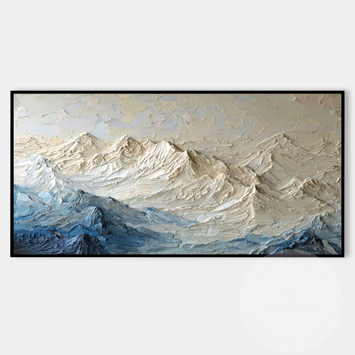 Textured Mountain Wall Art, Neutral Blue Impasto Landscape Painting, Modern Moun #9