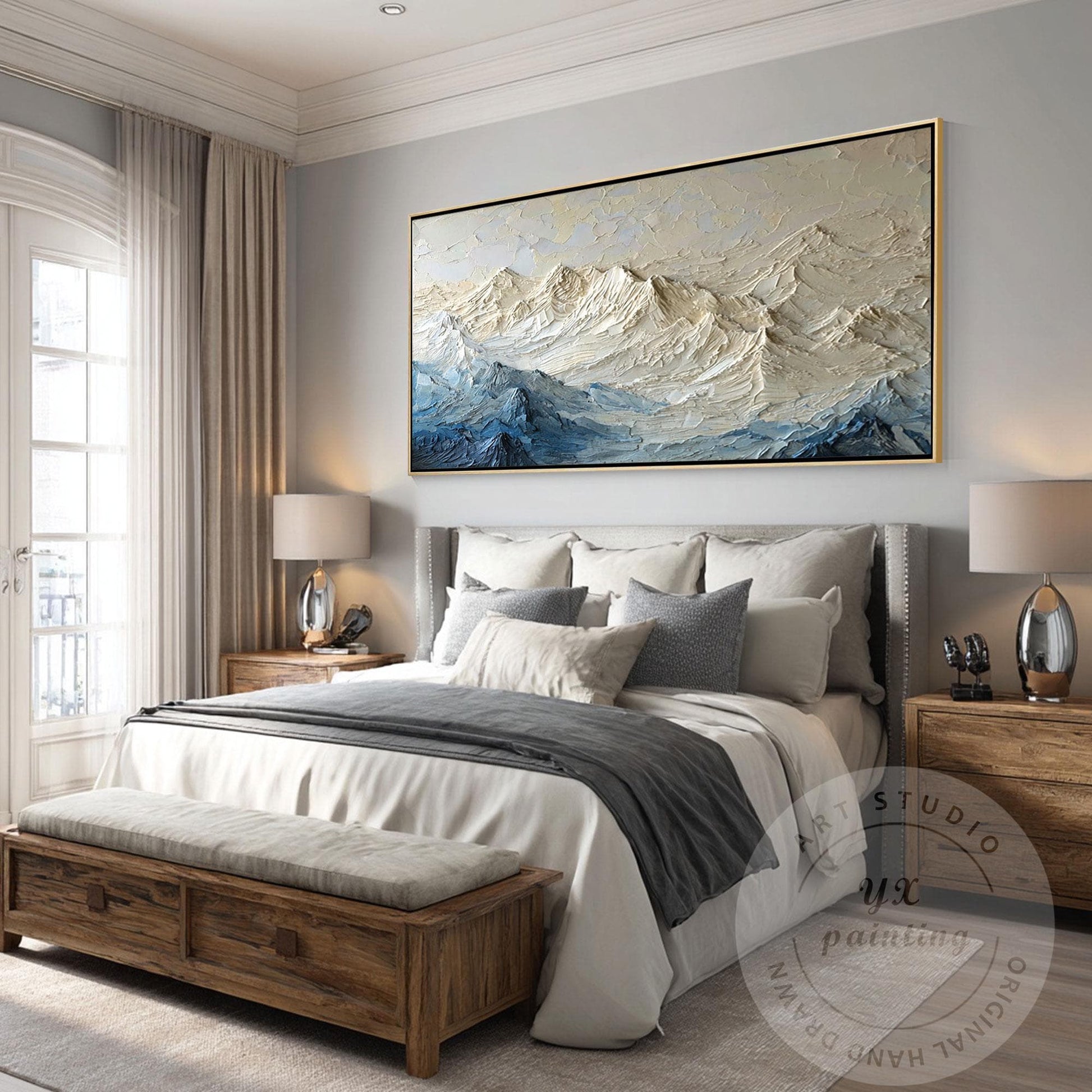 Textured Mountain Wall Art, Neutral Blue Impasto Landscape Painting, Modern Moun #1