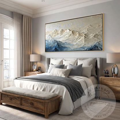 Textured Mountain Wall Art, Neutral Blue Impasto Landscape Painting, Modern Moun #1