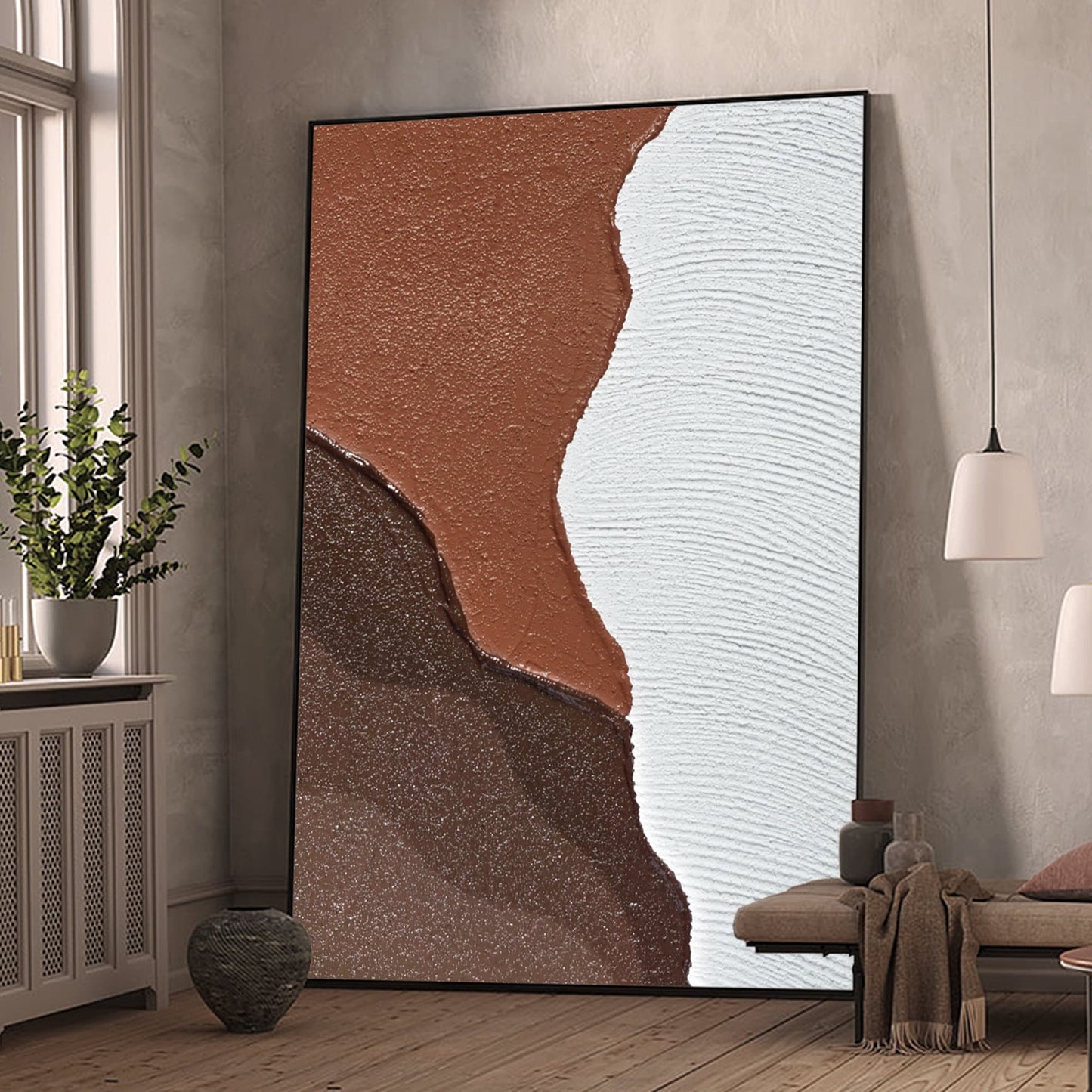 Textured Ocean Art: Brown & White Abstract Painting, Wabi Sabi Decor #4