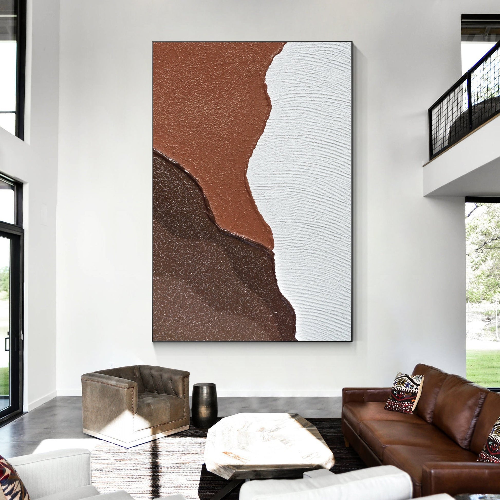 Textured Ocean Art: Brown & White Abstract Painting, Wabi Sabi Decor #1